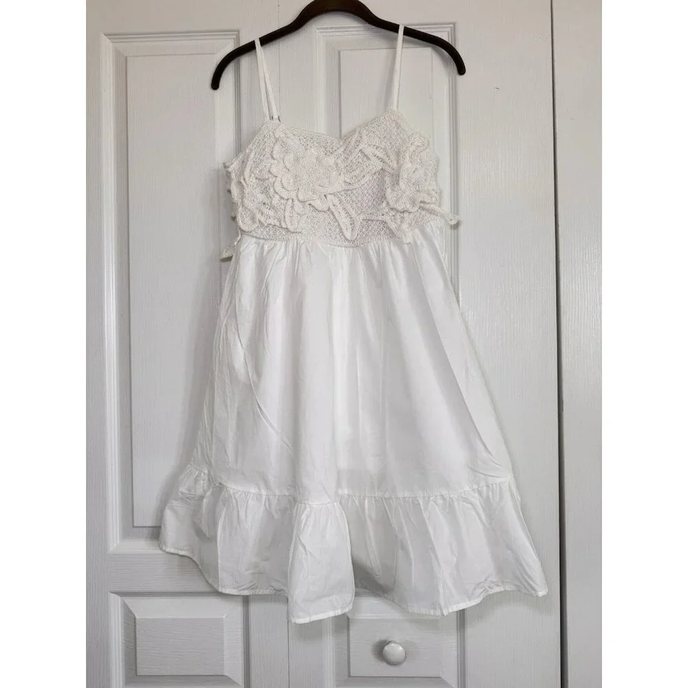 White Cottagecore Mini Dress Crochet Floral Boho Sundress Size L 10 - Picture 2 of 11